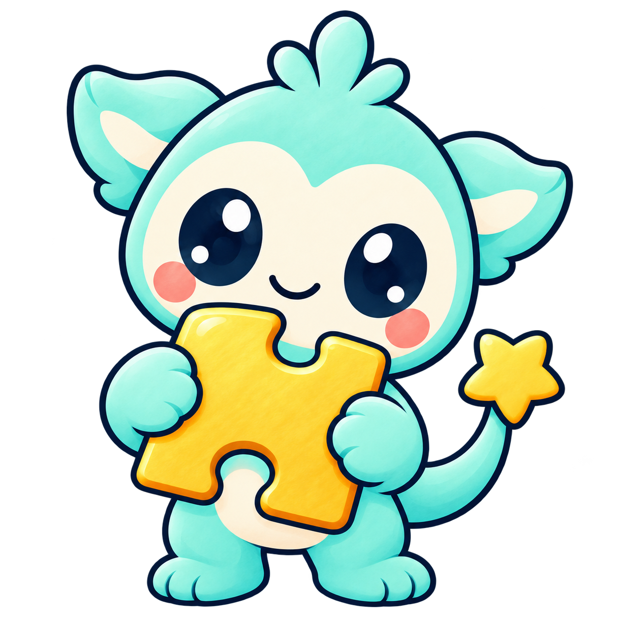 Cubmee happily holding a large yellow puzzle piece