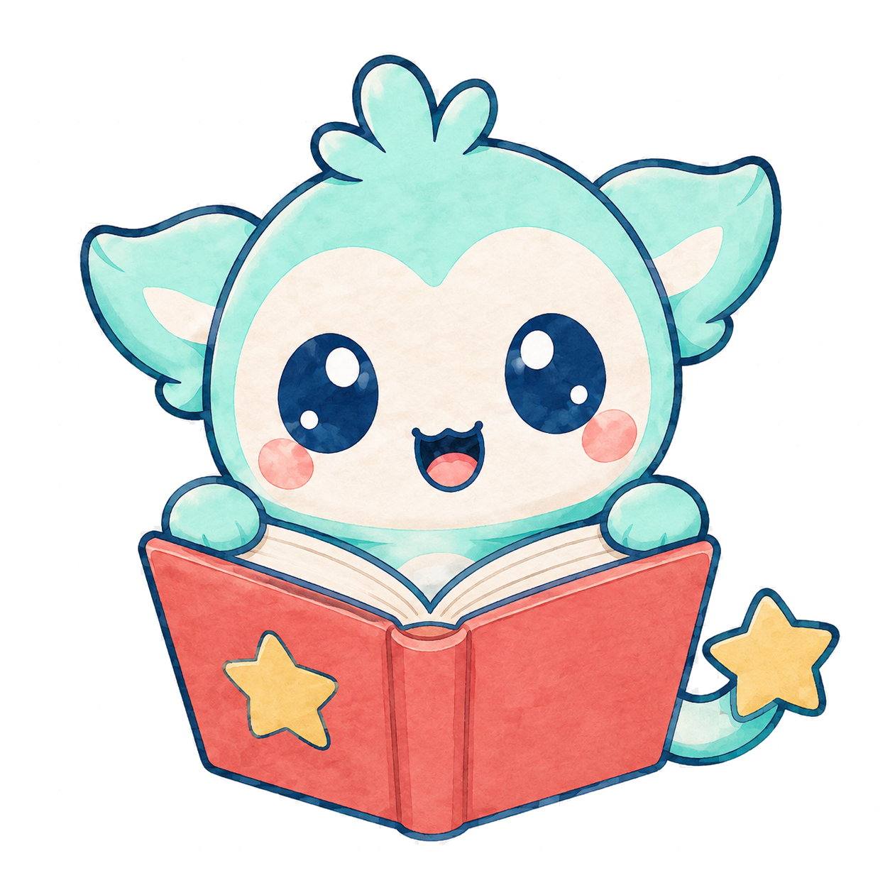 Cubmee happily reading an open coral storybook