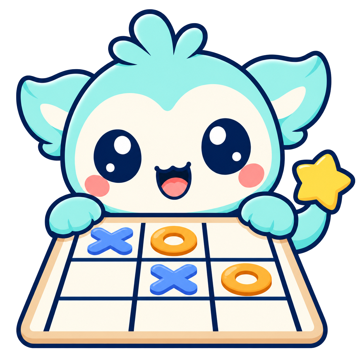 Cubmee playing with blue Xs and orange Os on a tic tac toe board