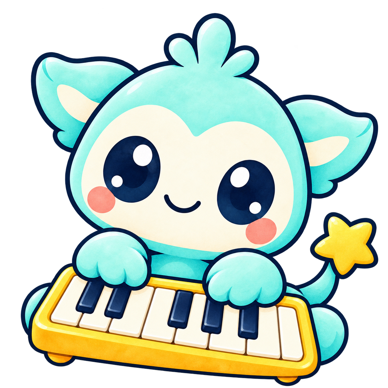 Cubmee playing a little golden piano keyboard